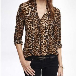 Express Portofino Womens Leopard print Roll Tab Sleeve Blouse-Size Small